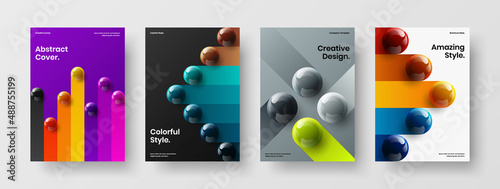 Geometric realistic balls booklet illustration composition. Vivid company cover A4 design vector template collection.