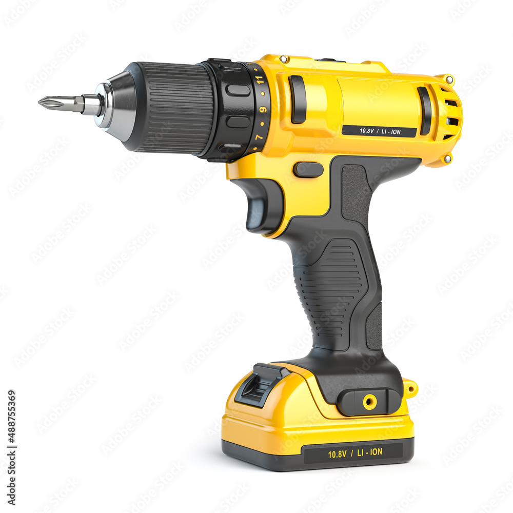 Yellow electric screwdriver drill  isolated on white.