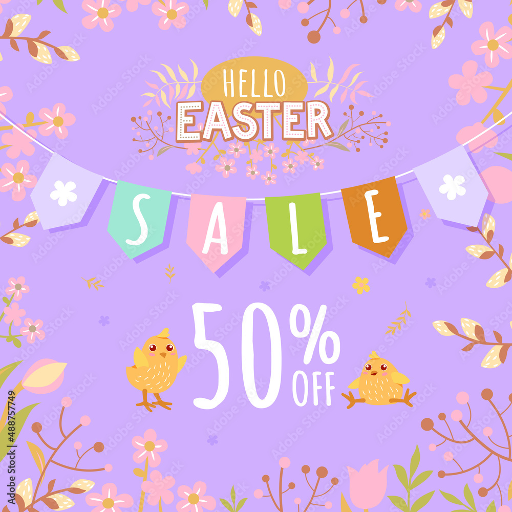 Banner with Easter chickens on a lilac background - 50% off. Poster, postcard - Hello Easter.