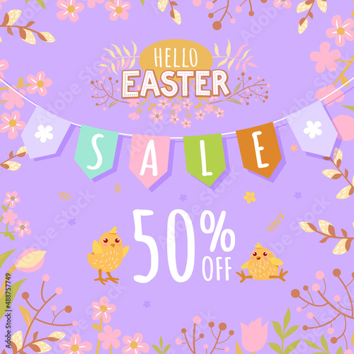 Banner with Easter chickens on a lilac background - 50% off. Poster, postcard - Hello Easter.