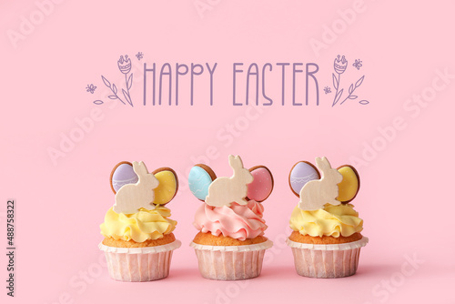 Easter greeting card with tasty cupcakes