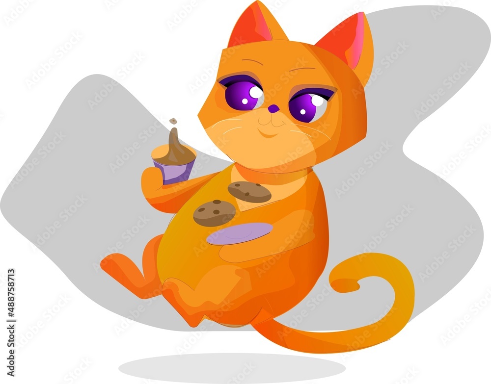 Obraz premium cartoon ginger cat with cookies and coffe