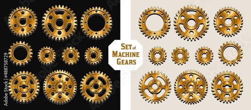 Set of machine gold polished gears in vintage style. Good for decoration in steampunk style. Vector.