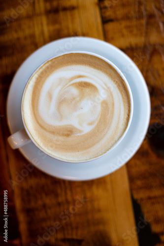 Latte Closeup on Wood Table