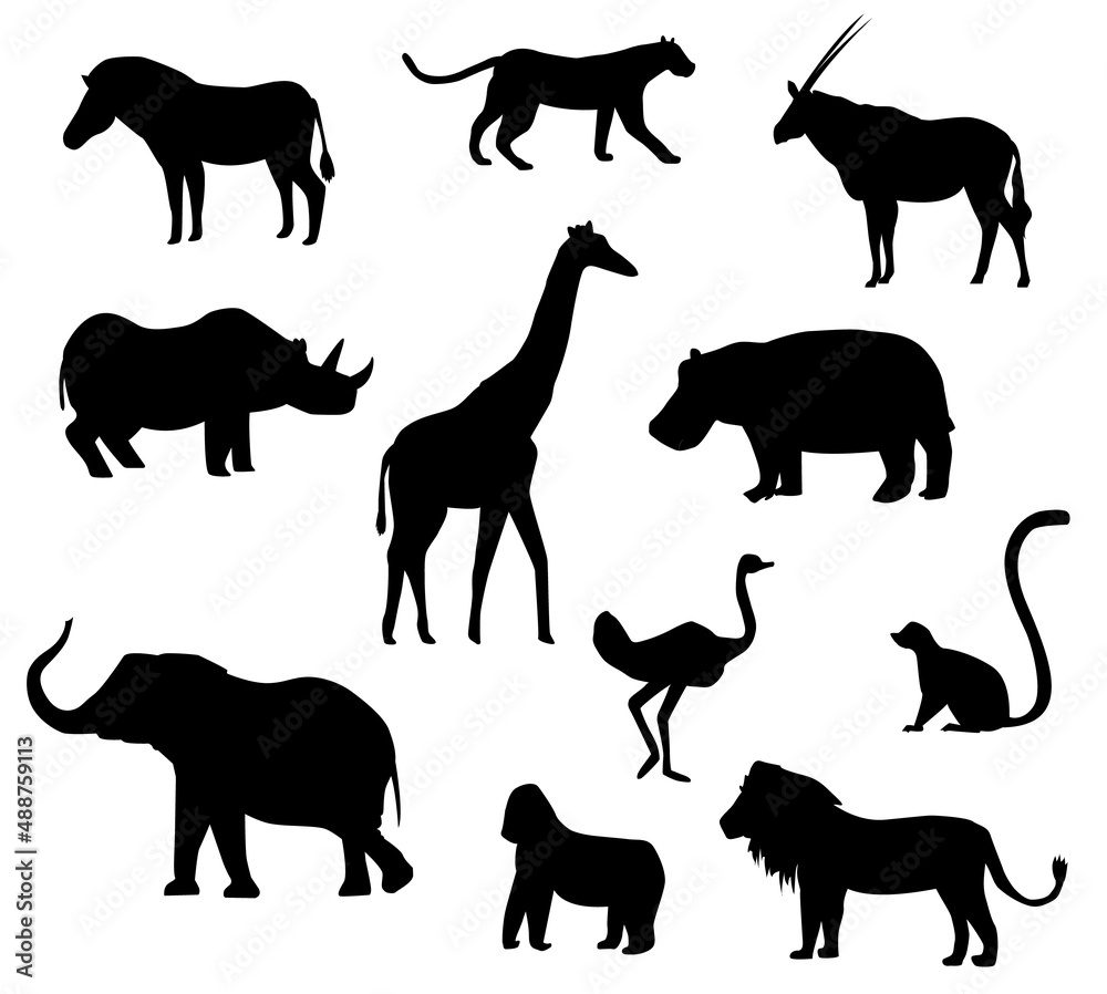 African animals silhouettes set isolated on white background Stock ...