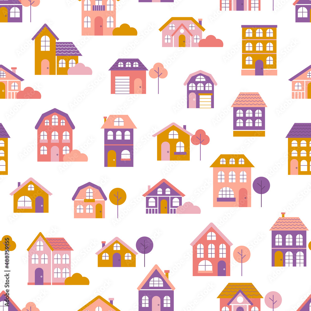 Cute little houses with trees in flat style on white background, vector seamless pattern, design for children, fabric, paper products