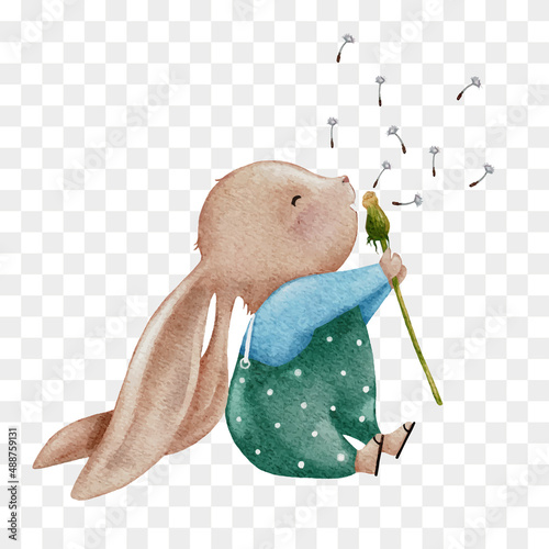 Cute Rabbit blowing dandelion flower water colour hand paint,Cartoon hand drawn bunny character element for Easter greeting card, Spring, Summer poster, Vector illustration on transparent background