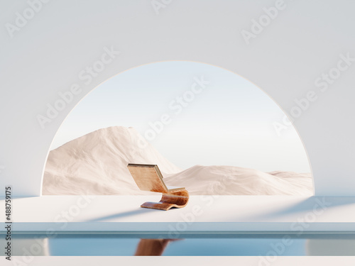 Surreal landscape and interior with lounge and water pool. Arc round wall. 3d render of restorative escapism  photo