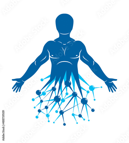 Athletic man vector illustration made using futuristic molecular connections. Human as the object of biochemistry research, genetic engineering.