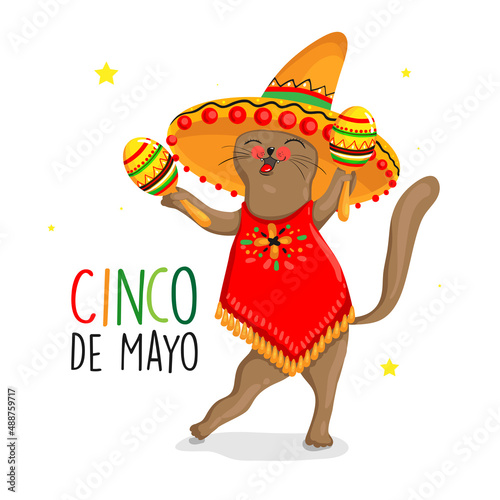Cinco de Mayo logo design with lettering, and Mexican cat character wearing sombrero. Vector illustration EPS10