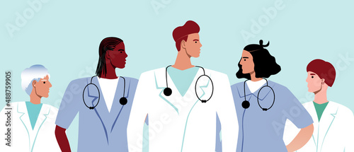 Work in team of doctors isolated, flat vector stock illustration with Multicultural people in white coats with statoscope isolated