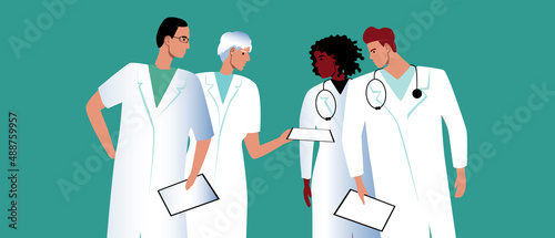 Group of doctors together isolated, flat vector stock illustration as concept of process of treatment, training in medicine, internship, residency