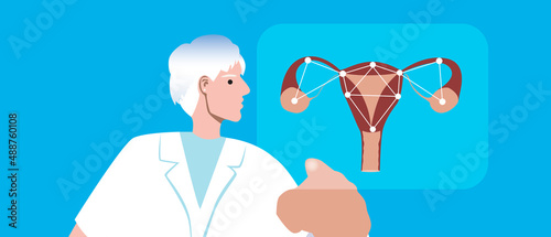 Gynecologist with uterus and ovaries, flat vector stock illustration with Investigation and diagnosis of diseases of human reproductive organs
