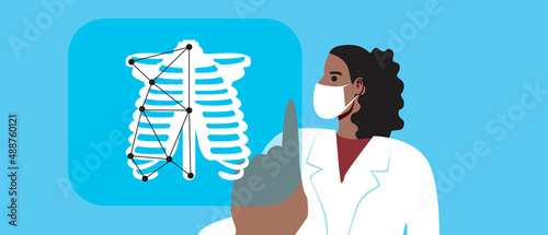 Orthopedic doctor with ribs and skeleton, flat vector stock illustration with modern technological diagnostics of diseases of musculoskeletal system