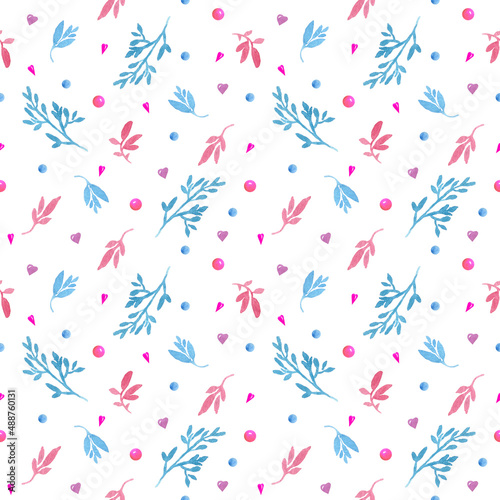 seamless watercolor pattern with colorful decorative twigs and leaves on a white background.