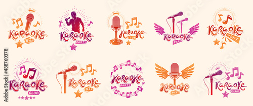 Karaoke party or club logos and emblems vector set isolated, singing music nightlife entertainment weekend theme, microphones and musical notes compositions.