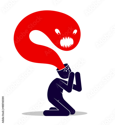 Psychical problems such as phobia psychosis schizophrenia hallucinations vector concept illustration in flat trendy style, psychiatry and psychology allegory, man with monster from his head.