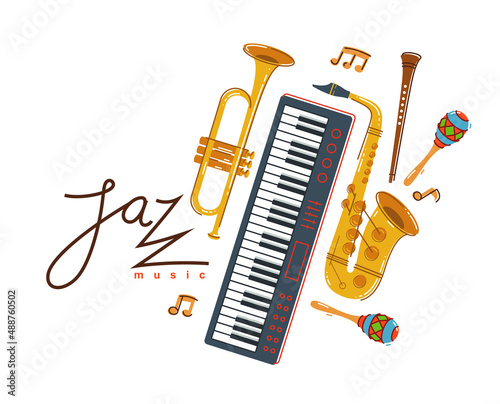 Jazz music band poster vector flat illustration, live sound festival or concert advertising flyer or banner, play different instruments orchestra.