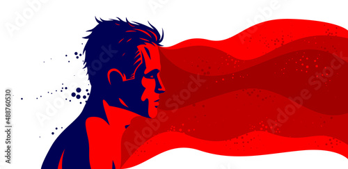 Man profile with abstract fluid shapes in motion from his head vector illustration, mindfulness philosophical and psychological theme, meditation and awareness.