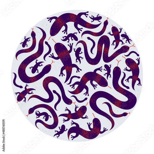 Snakes and lizards round composition in a circle vector design illustration, horror and disgusting creatures.