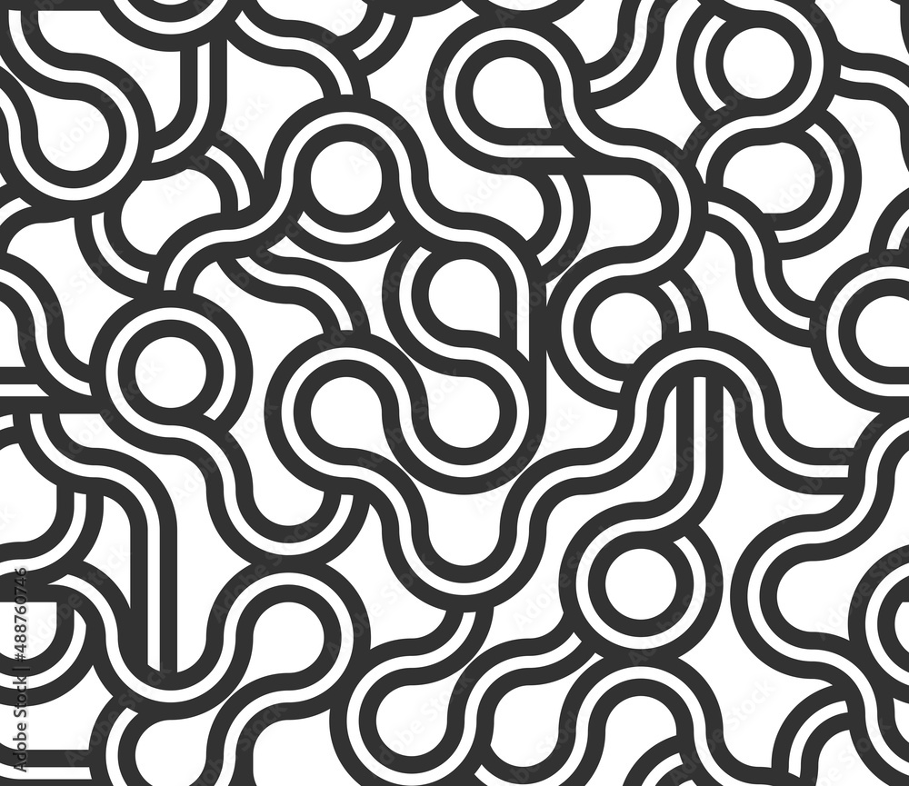 Obraz premium Linear seamless background with twisted lines, vector abstract geometric pattern, stripy weaving, optical maze, web network. Black and white design.