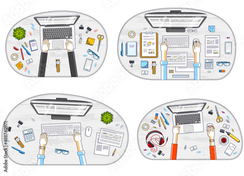 Office employees or entrepreneurs work desks workplaces with hands and PC computers and diverse stationery objects for work, top view. All elements are easy to use separately. Vector set.