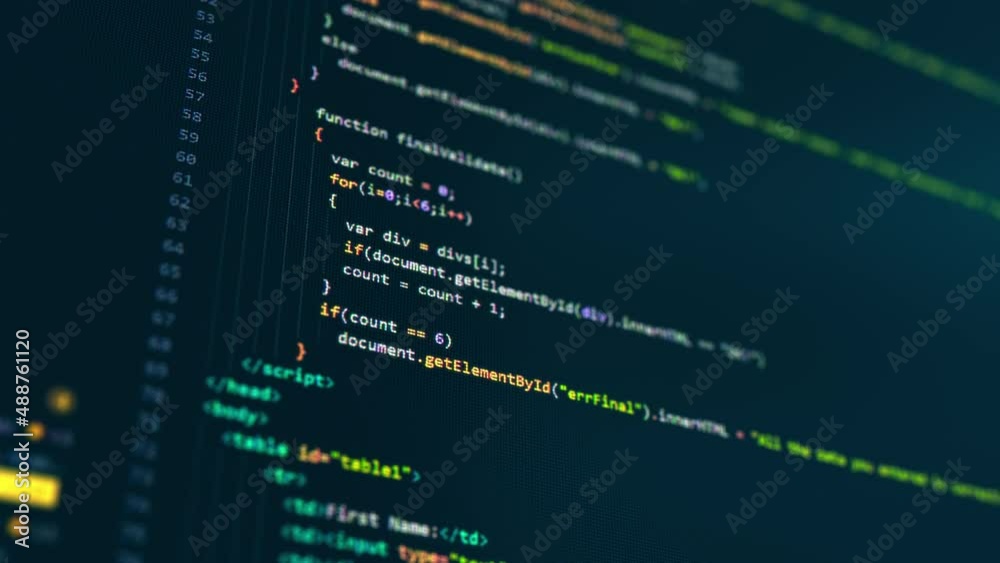 Close up of monitor screen with developing programming and coding technologies. Programmer or hacker is typing code on keyboard. Concept of bitcoin btc mining and development in virtual cyber space