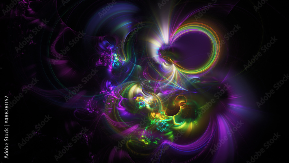 Abstract colorful yellow and violet fiery shapes. Fantasy light background. Digital fractal art. 3d rendering.