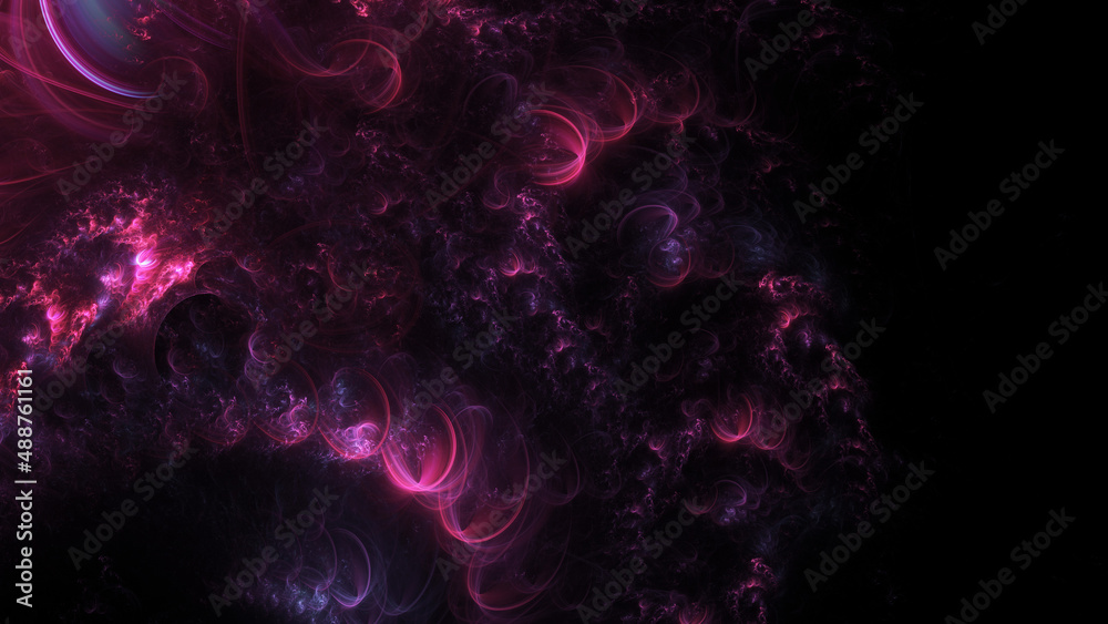Abstract dark pink glowing shapes. Fantasy light background. Digital fractal art. 3d rendering.