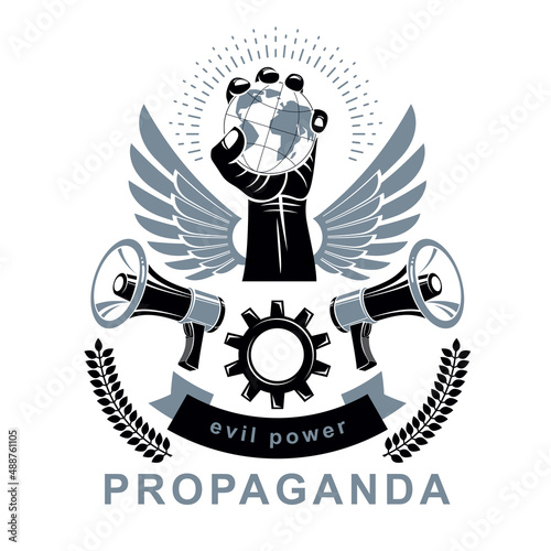 Vector marketing poster composed with loudspeakers and raised arm holding Earth globe surrounded by engineering gear. Social revolution concept, no restrictions. Propaganda as political agitation.