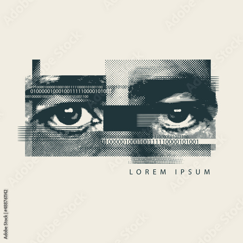 Abstract banner with human eyes made of black stripes, dots and numbers on a light background. Security technology and surveillance. Monochrome creative vector illustration. Digital eye recognition