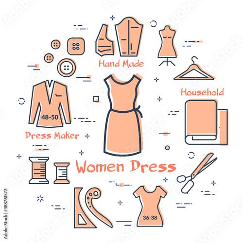 Set colored outline sewing icons, sewn dress and accessories for seamstress isolated on white, vector illustration.