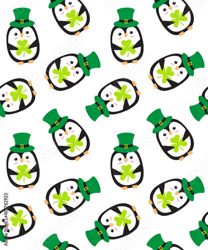 Vector seamless pattern of flat penguin with leprechaun hat and trefoil isolated on white background