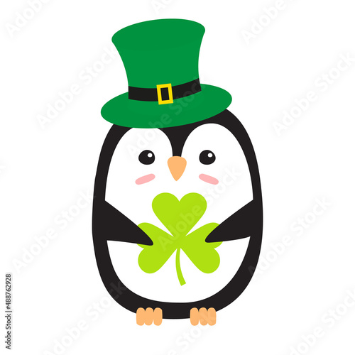 Vector flat penguin with leprechaun hat and trefoil isolated on white background