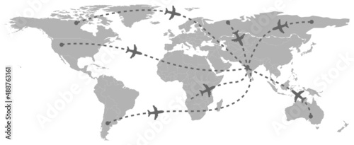 Map of the world with the aero path. Travel with airplanes. This vector art can use for the travel, international, path, map, Asia, India, trip themes and concepts.  photo