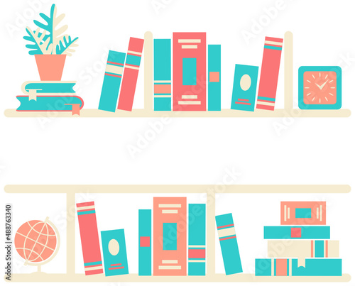 Attractive icon set of book shelf. There are lot of books and plant vase and clock in red, pink, bule, purl white color combination. 