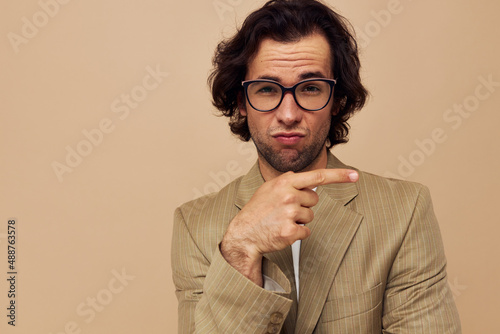 Cheerful man with glasses emotions gesture hands posing Lifestyle unaltered