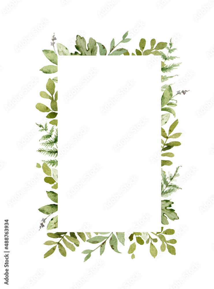 Watercolor vector frame with green forest foliage.