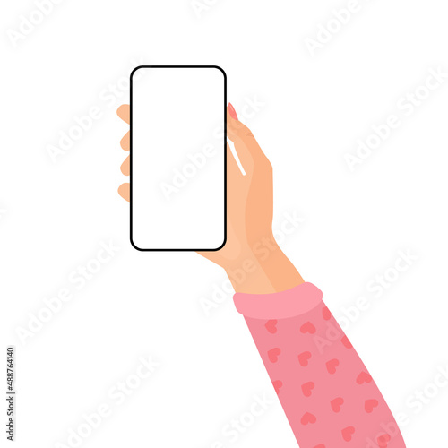 Hand holds phone with white screen on isolated background.