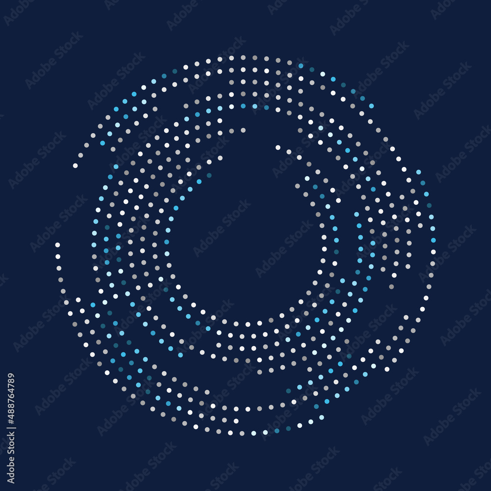 Abstract dark blue background with small dots in circles. White and blue halftone dots with copy space.