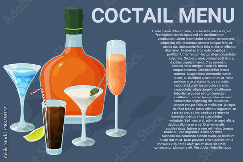 Cocktail menu.Alcoholic beverages in glasses and glasses.Daiquiri, martini, margarita, cosmopolitan, Long Island, blue lagoon and Pina colada.Vector illustration. photo