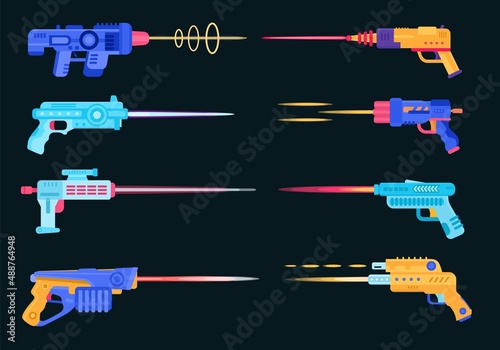 Cartoon alien space blasters shoot lasers and beams. Toy gun fight with energy ray shot effect. Futuristic weapons plasma attack vector set