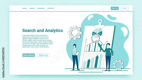 Search and analytics.Analysis of business operations, infestations in financial exchanges.An illustration in the style of a green landing page.