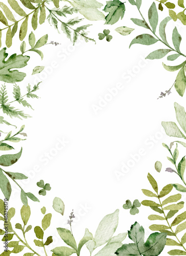 Watercolor vector frame with green forest foliage.