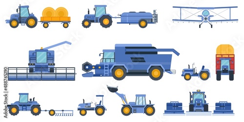 Flat farm machinery, agricultural field equipment, combines and tractors. Industrial harvester, truck, plowing and mower machine vector set