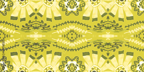 Abstract folk ornament. Seamless ethnic design. Watercolor flower background.