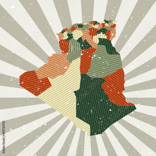 Algeria vintage map. Grunge poster with a map of the country in a retro color palette. The shape of Algeria is highlighted with a sunburst rays background. Vector illustration.