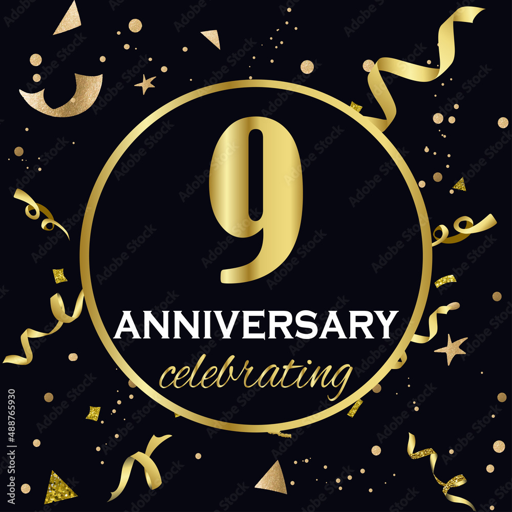 Anniversary celebration decoration. Golden number 9 with confetti, glitters and streamer ribbons on black background. Anniversary celebration decoration. Golden number 9 with confetti, glitters and streamer ribbons on black background.