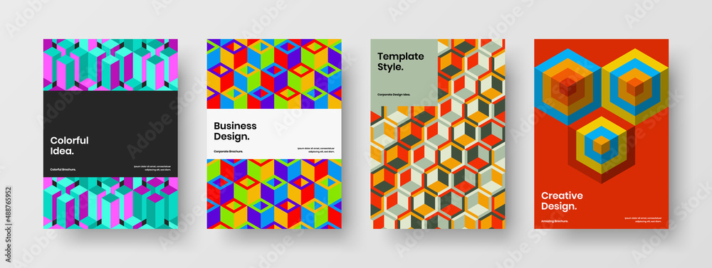 Modern mosaic pattern postcard illustration composition. Original brochure A4 design vector template bundle.