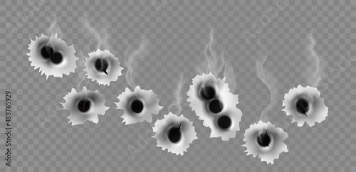 Metal holes from gun bullet shots with smoke effect. Realistic gunshot cracks in steel target. Criminal or war fire weapon vector concept photo